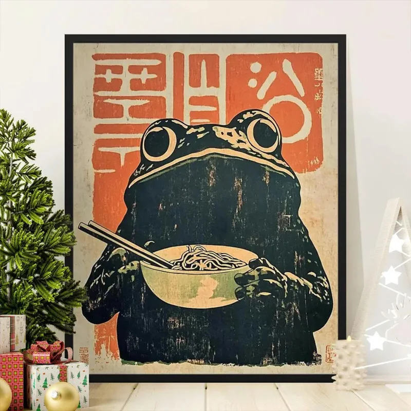 Vintage Frog Eating Ramen Poster Japanese Unique Inspired Wall Canvas Painting Quirky Kitchen Restaurant Decorative Wall Art