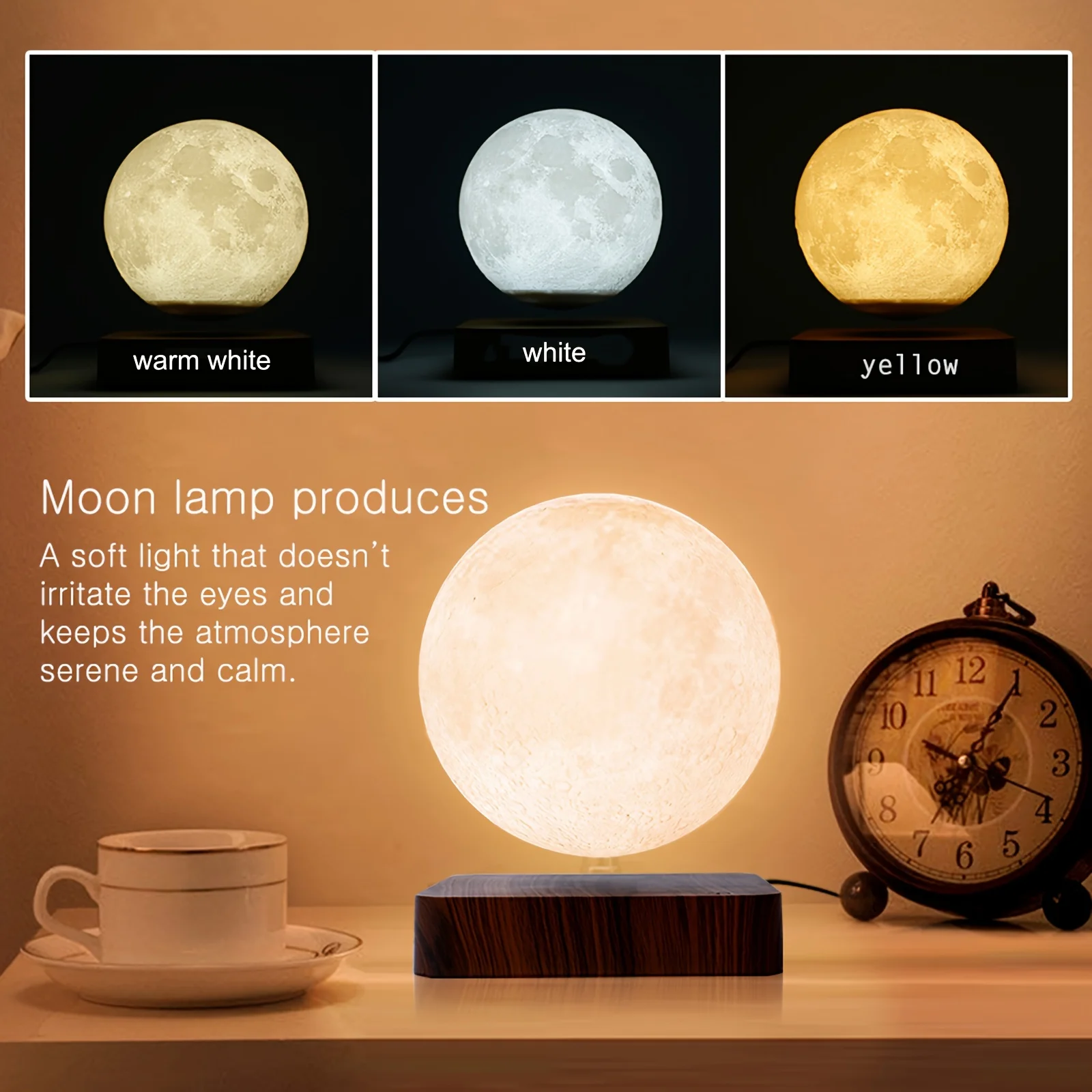 Luz Nocturna flotante magnética de Luna levitante, 3 colores de temperatura, lámpara LED 3D de mesa creativa con Base de madera para regalo y oficina
