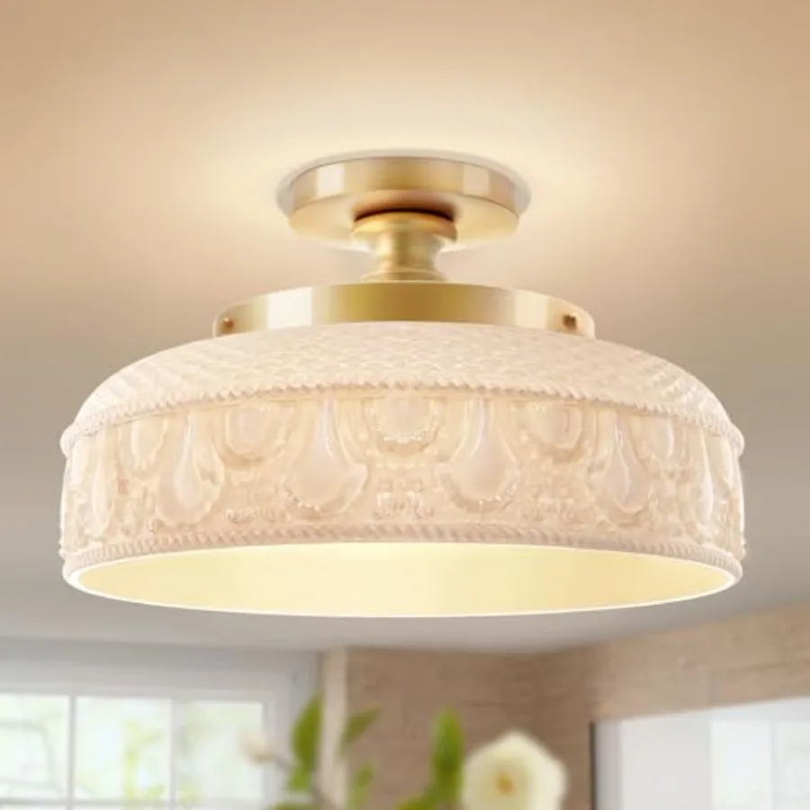 Semi Flush Mount Ceiling Light, 12 Inch White Glass Shade Hallway Light Fixture, 3 Light Globe Glass Close to Ceiling Scone, In