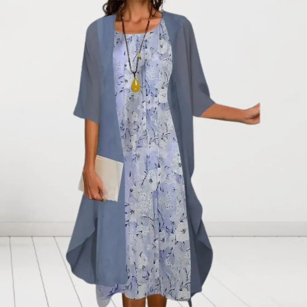 

2Pcs/Set O-neck Sleeveless Loose Hem Midi Dress Coat Set Flower Print Vest Style Dress Chiffon Cardigan Set Ladies Clothing