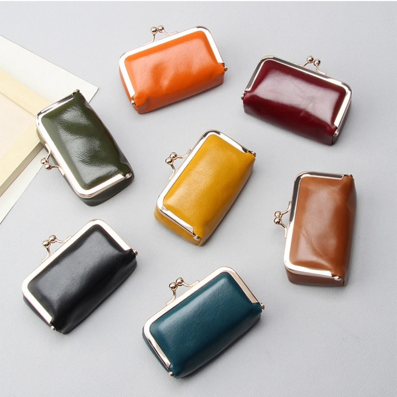 Compact Vintage Genuine Leather Kiss-Lock Mini Pouch Retro Style Multi-Color Cosmetic Bag for Small Accessories Brand Coin Purse