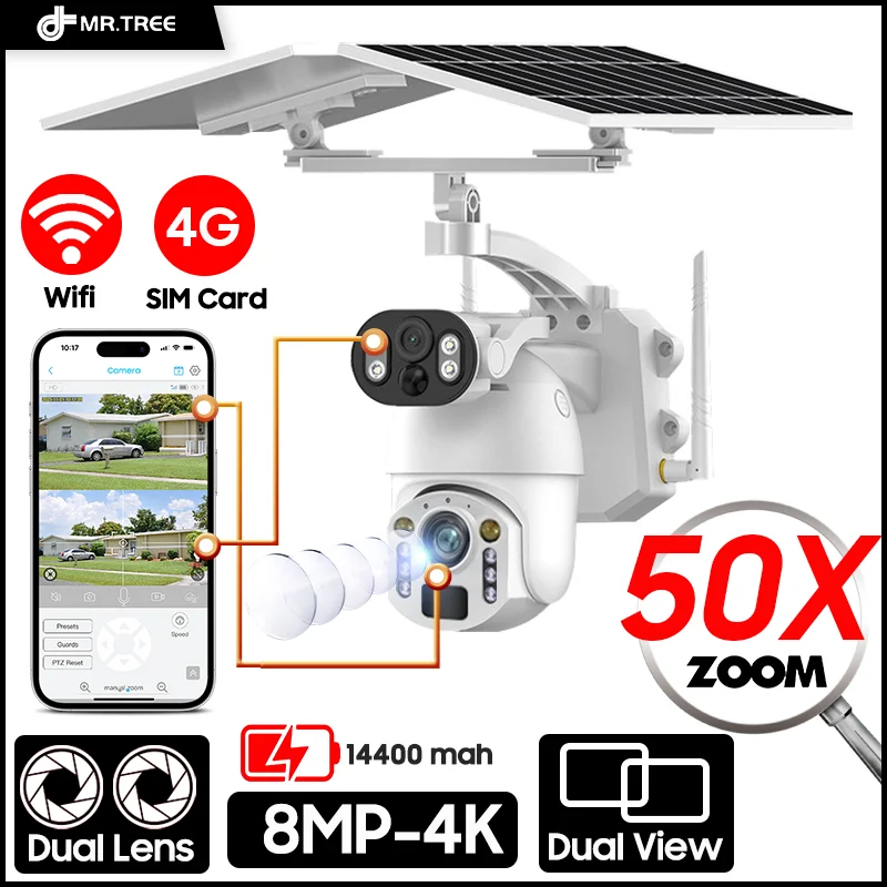 Cámara Solar para exteriores con doble lente, Zoom óptico 4K 50X, 8MP, 4G, tarjeta Sim, vigilancia PTZ, WIFI, seguridad, seguimiento humanoide, cámaras IP CCTV