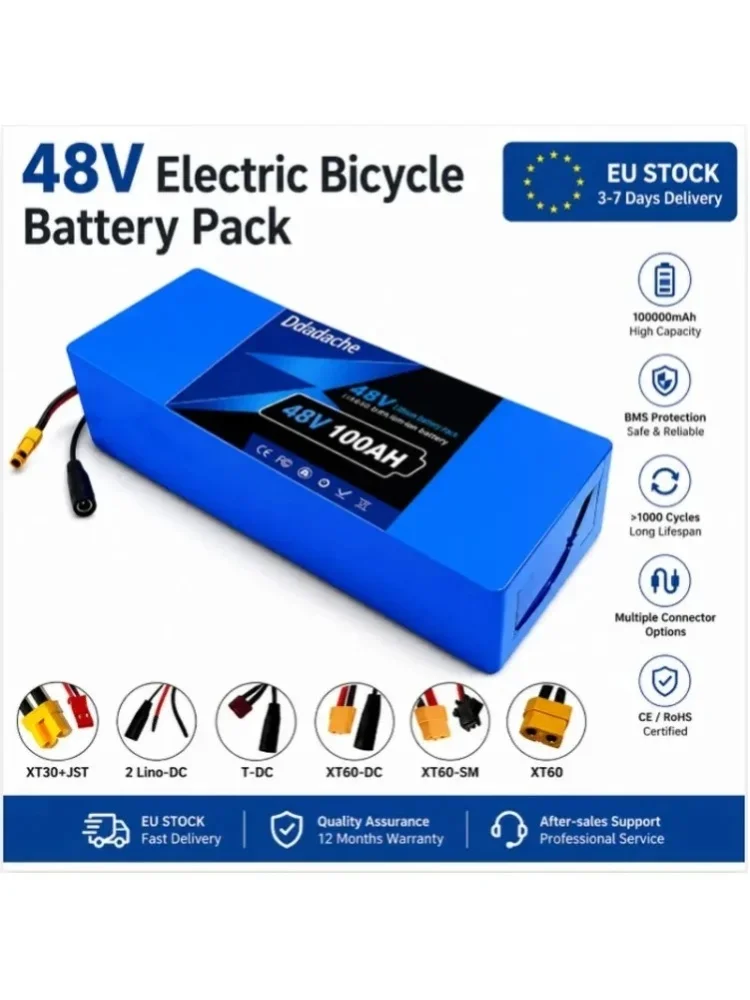 48V 100Ah 13S5P 18650 Lithium-Ionen-Akku mit integriertem intelligentem BMS-Schutzboard, wiederaufladbare Li-Ionen-Speicherbatterie für 250W-1000W E-Bike-Roller-Motoren, unterstützt passendes