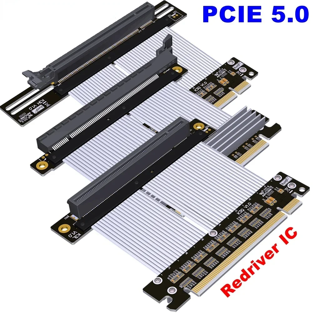 PCIe 5.0 X16 Riser Gen5 16x High Speed Extension Video Cable Redriver IC PCI Express 5.0 Port PC GPU Extender Right 90 Connector