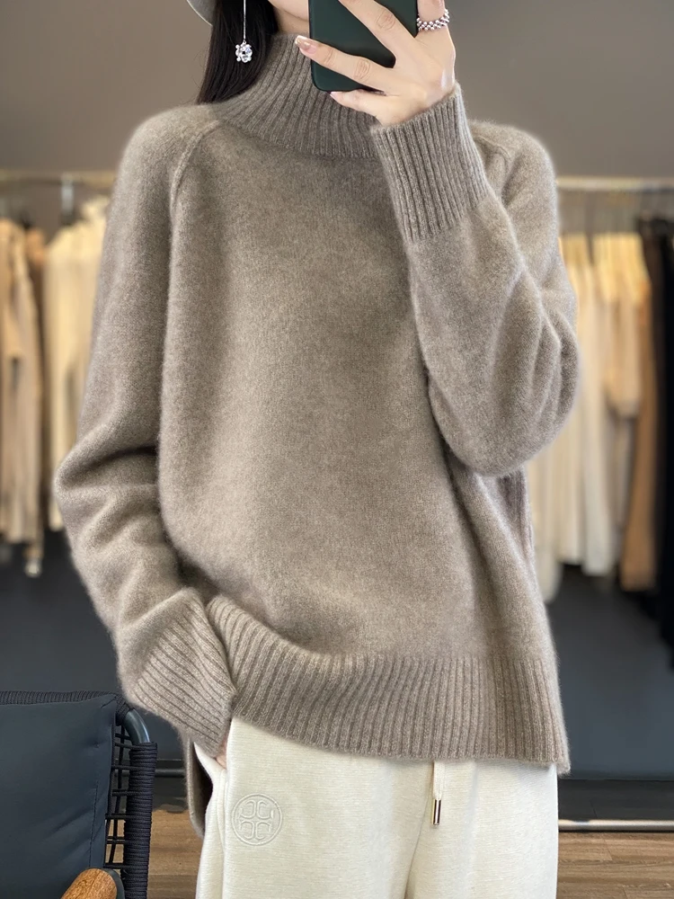 Autumn Winter Thick Women's Wool Sweater Mock Neck Pullover 100% Merino Wool Soft Warm Casual Cashmere Knitwear Loose Korean Top