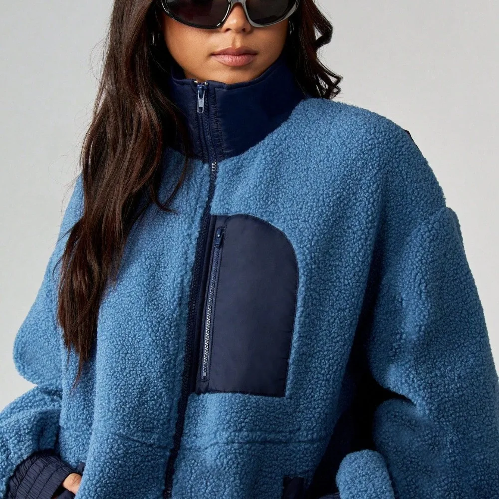 Contrasting Color Splicing Lamb Wool Short Coat Women's Stand-up Collar Waist Plush Jacket Top Texture Unique Fashion Simple