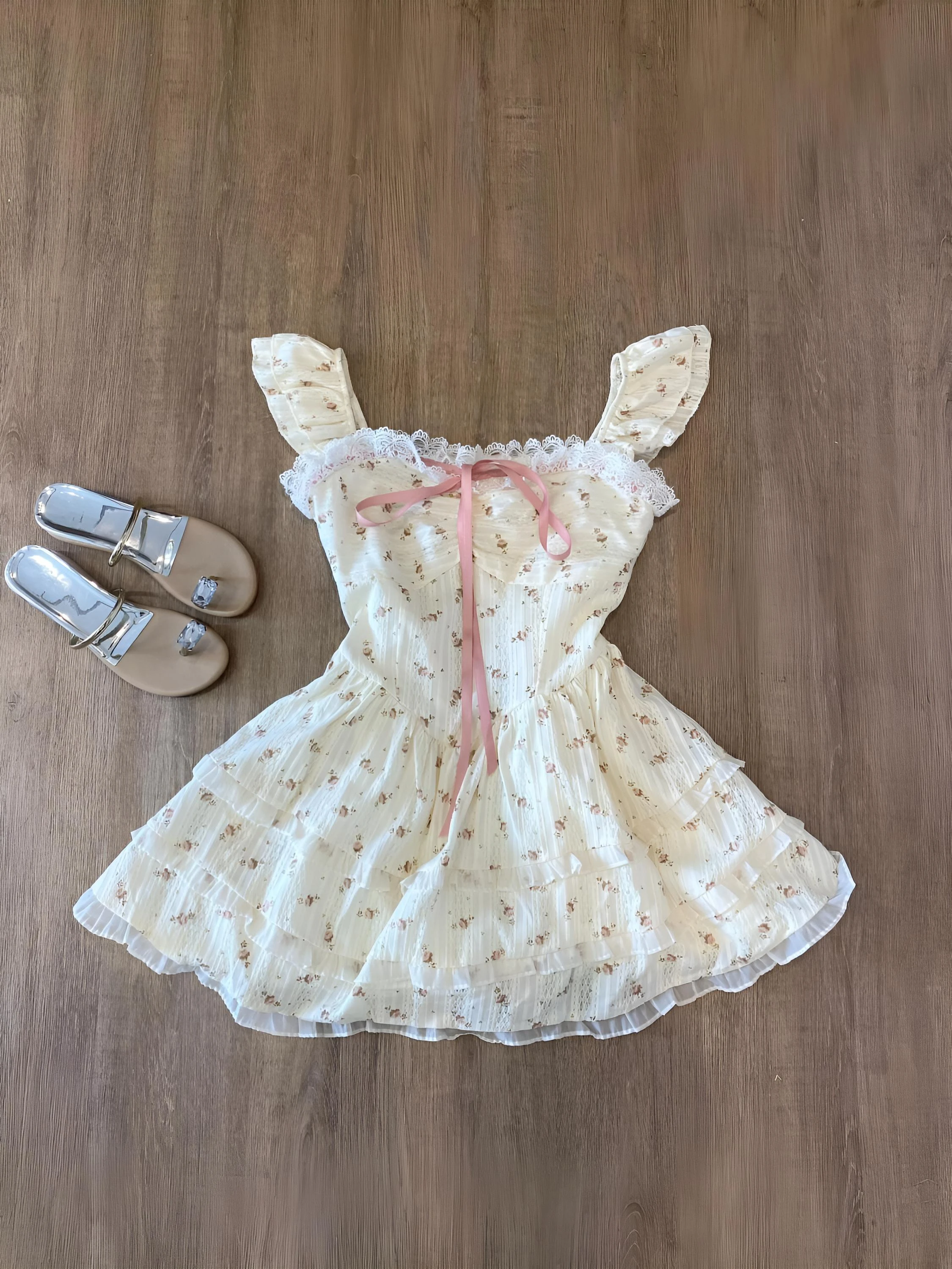 

Sweet Princess Style Off-Shoulder Dress Women's Summer Beautiful Fly Sleeve Belted Waist Cake Skirt Date Scene Girl's Dress