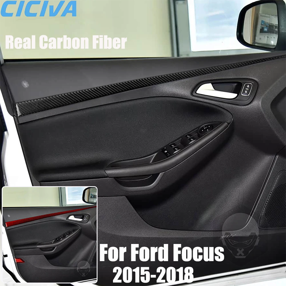 Real Carbon Fiber Car Accessories Front Door Panel Trim Decorative Cover Soft Sticker For Ford Focus MK3 2015 2016 2017 2018