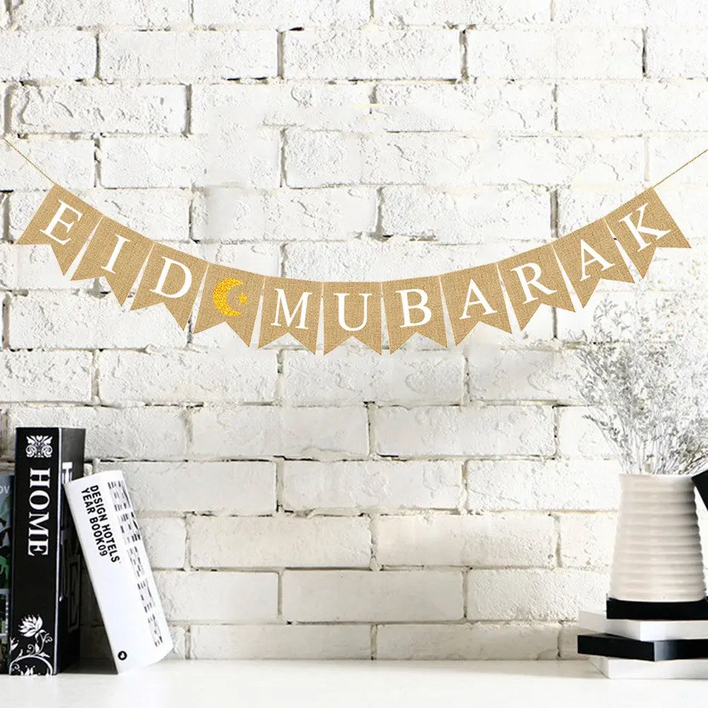 Ramadan Eid Banner Bunting Burlap Linen Swallowtail Pull Flag Muslim Party Decoration Star Moon Pattern Wall Window Hanging