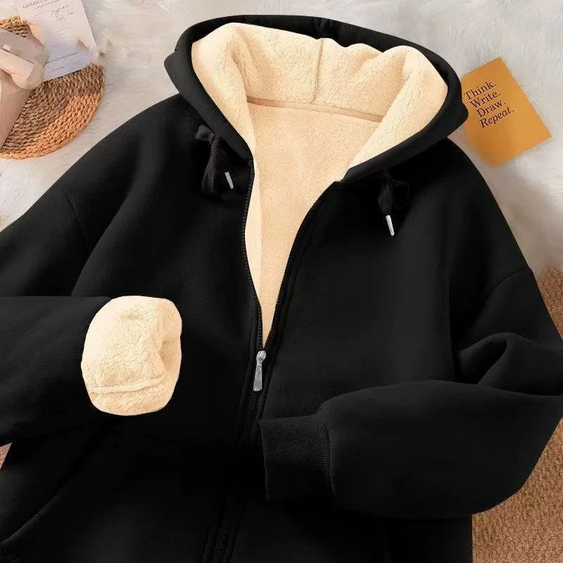 2026 Autumn Winter New plus Size Hooded Sweatshirt Women's Thickened Warm Lamb Velvet Jacket Loose Open Cardigan Coat