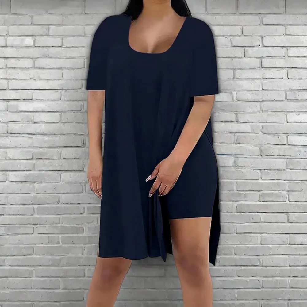 Soft Polyester Spandex Set Stylish Plus Size 2 Piece Outfits for Women Side Split Tunic Tops Biker Shorts Sets Square for Ladies
