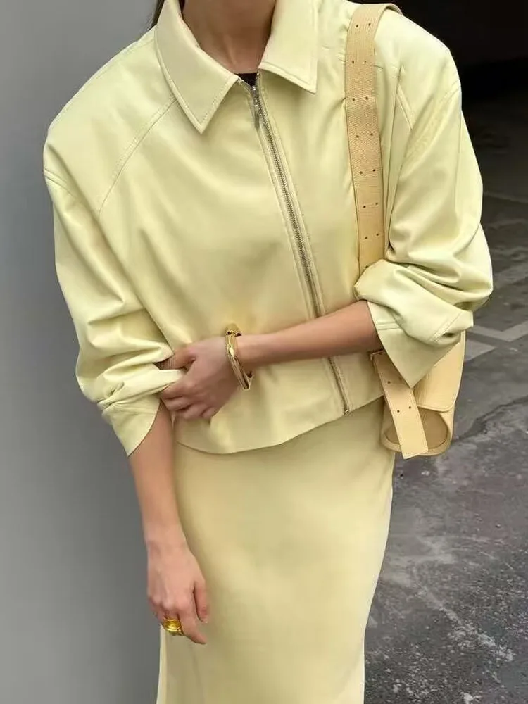 

HH женская осенняя мода винтажная верхняя одежда на молнии с лацканами и длинными рукавами пальто женская уличная повседневная куртка из искусственной кожи на молнии