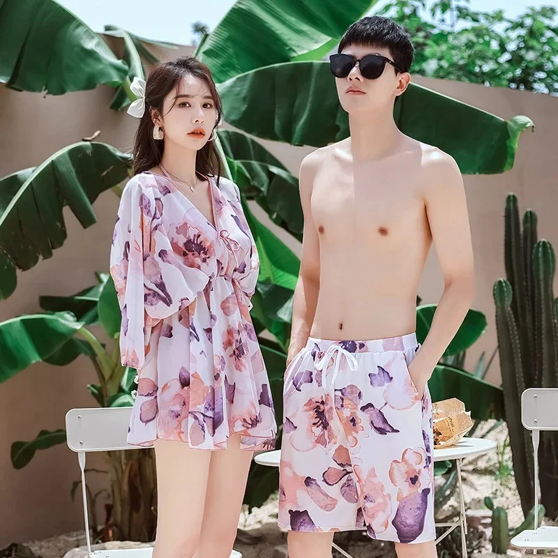 Sexy Couple Swimsuit Set Pink Hawaiian Sling Split Swimswear Bathing Suits Lovers 2 Peice Set Women Swimming Pants for Man