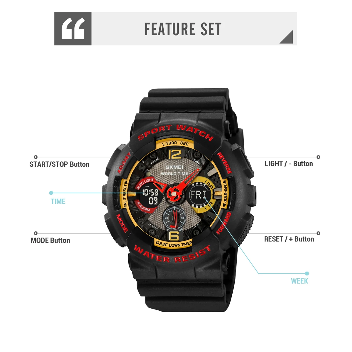 SKMEI Multifunctional Countdown Sport Watches Mens 5Bar Waterproof LED Light Electronic Calendar Clock male Wristwatch