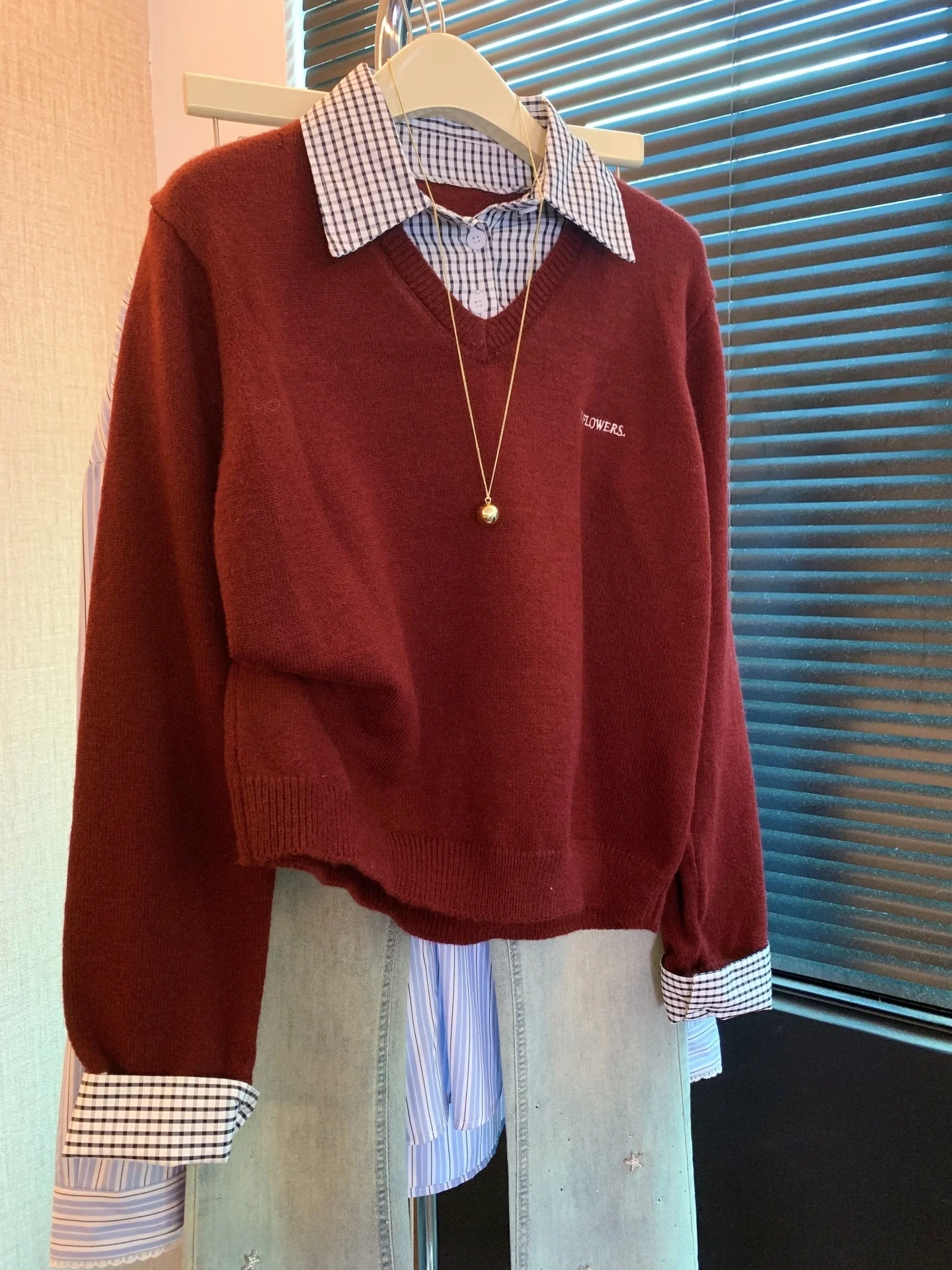 

High-End South Oil Women's Plaid irt Collar Splice Knitted Sweater Autumn Sle College Wind Slim Soft Upper Body