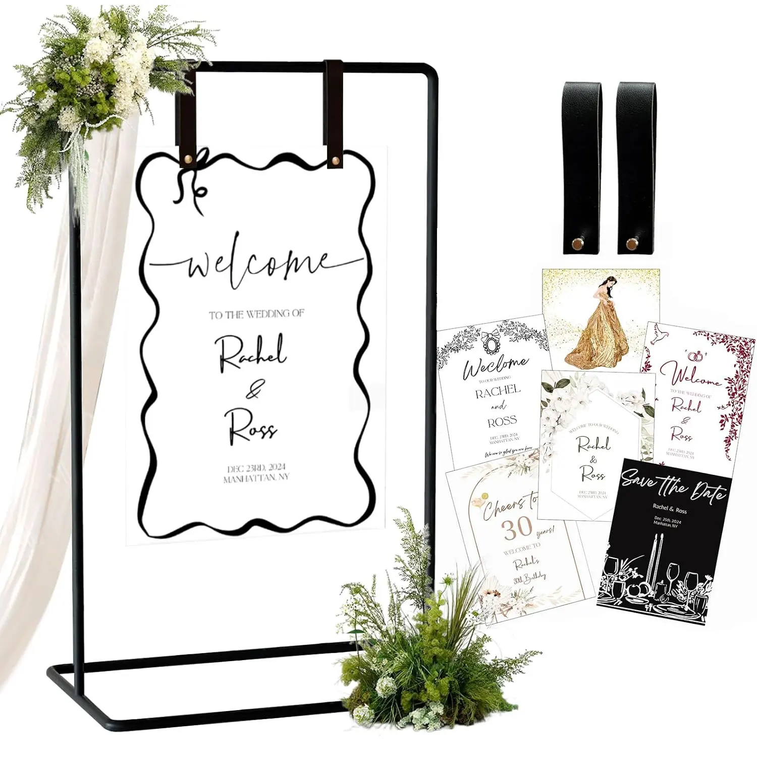 Adjustable Black Wedding Sign Stand with Leather Straps