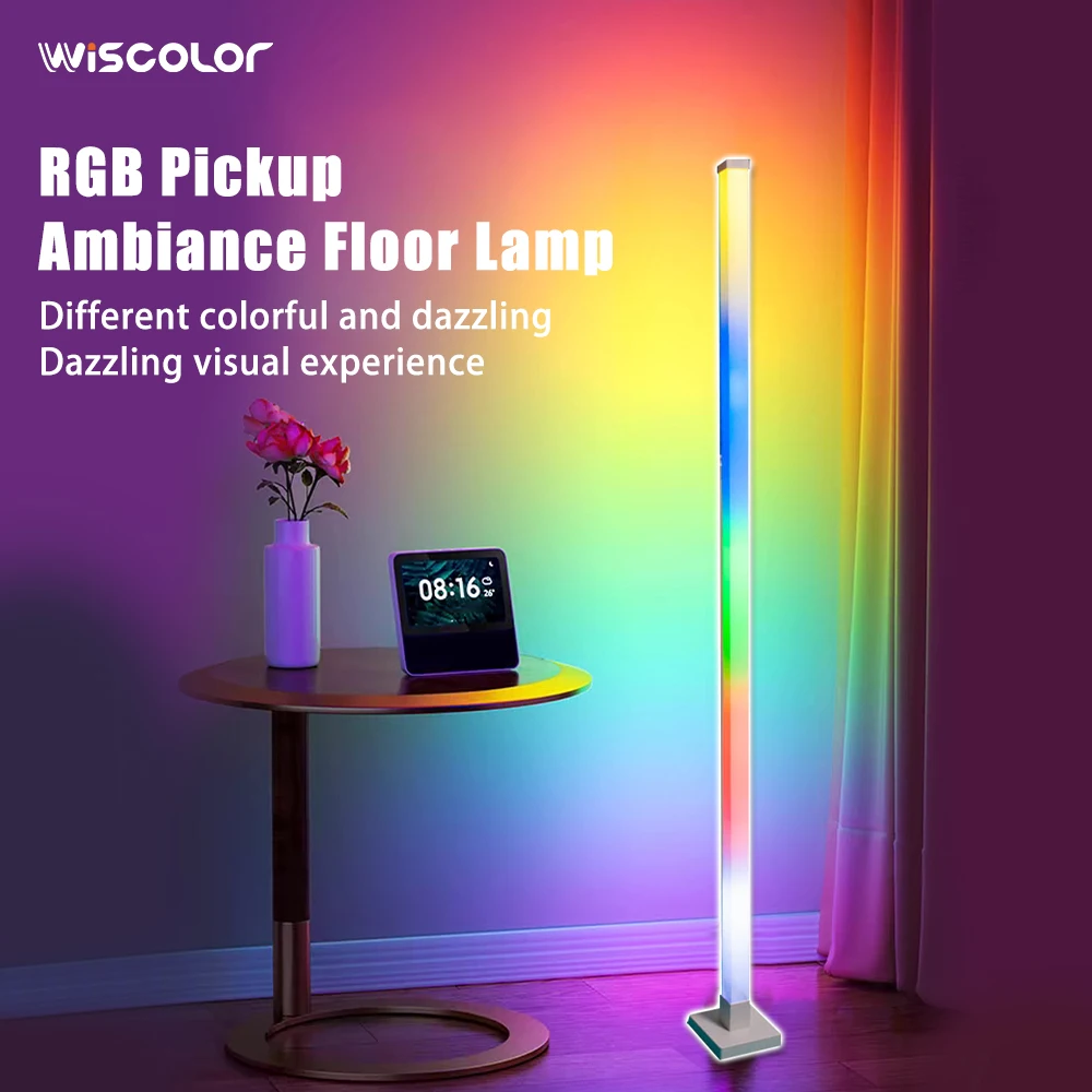 Wiscolor Lampu Lantai LED RGBIC Lampu Sudut Modern, dengan Sinkronisasi Musik, Mendukung Alexa/Google Home, untuk Dekorasi Ruang Bermain & Ruang Tamu