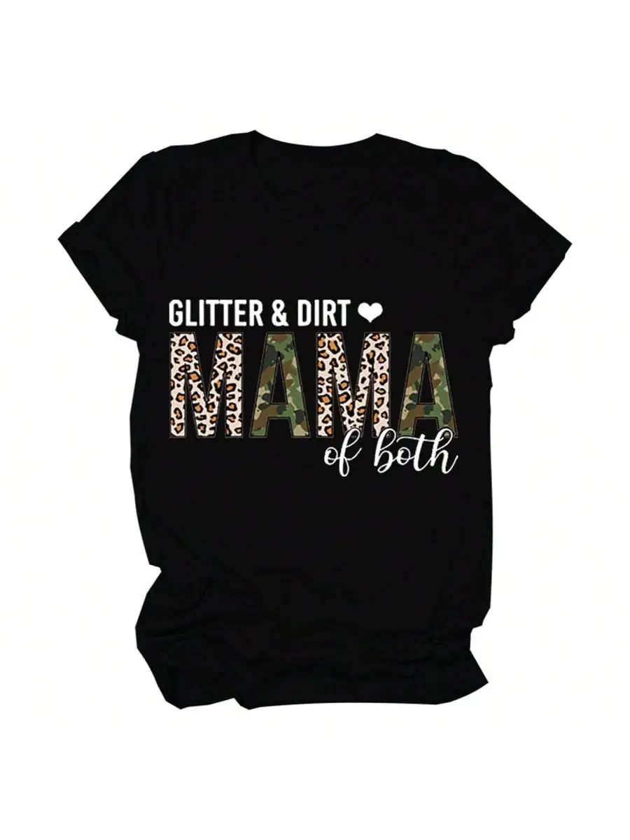 Glitter And Dirt Mama Of Both Shirts For Womens Funny Mom T Shirt Mama Gifts Shirts Summer Short Sleeve Graphic Tees Women s Short Sleeve T-Shirt