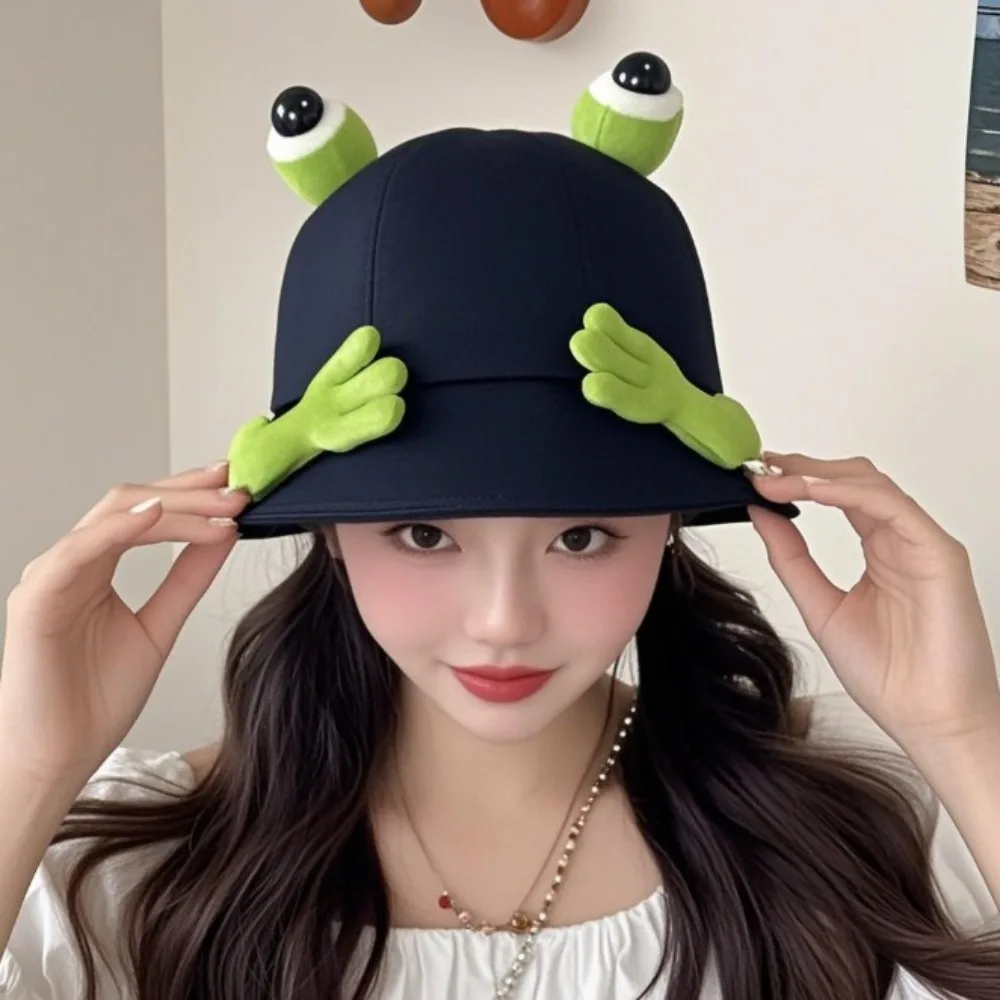 Cute Design Big Eyes Frog Bucket Hats Big Eyes Pattern Cotton Material Wild Panama Hats Wild Style Foldable