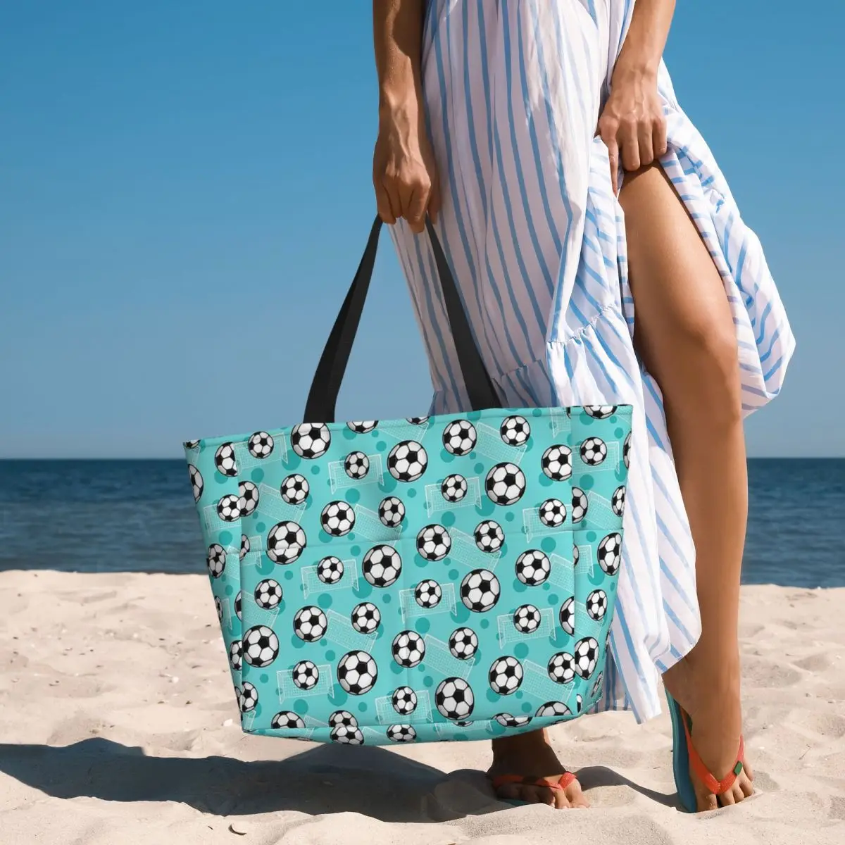 Soccer Ball And Goal Teal Pattern - Teal Soccer Beach Tote Bag Sport Gym Yoga Duffle Large Tote Bag Women Travel Bag Fitness bag