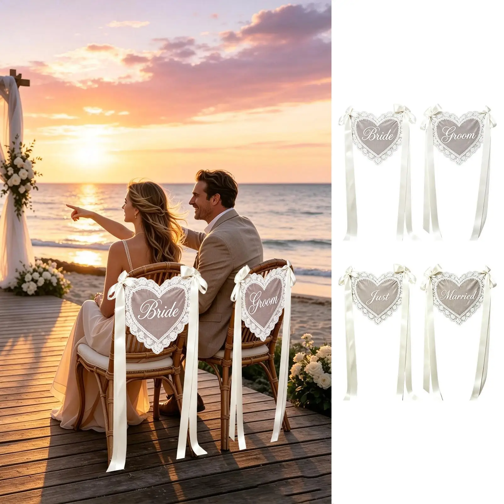 Just Married Lace Chair Signs 2 Piece Vintage Sheer Lace Heart Shape Elegant Wedding Chair Decor For Reception Ceremony Bridal