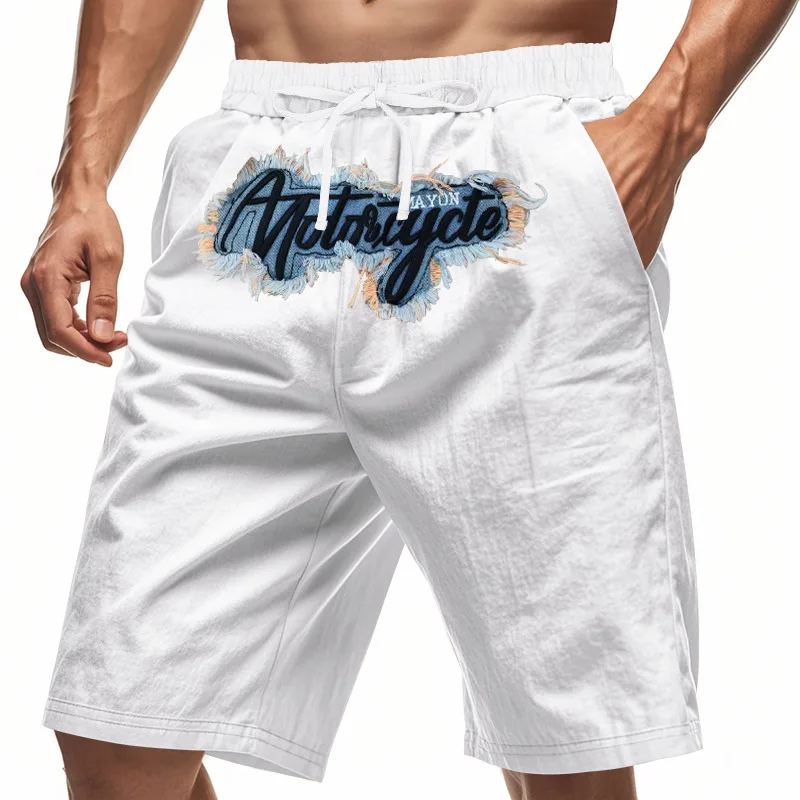Men Frayed Letter Patch Drawstring Shorts Elastic Waist Loose Knee Length Summer Street Casual Shorts