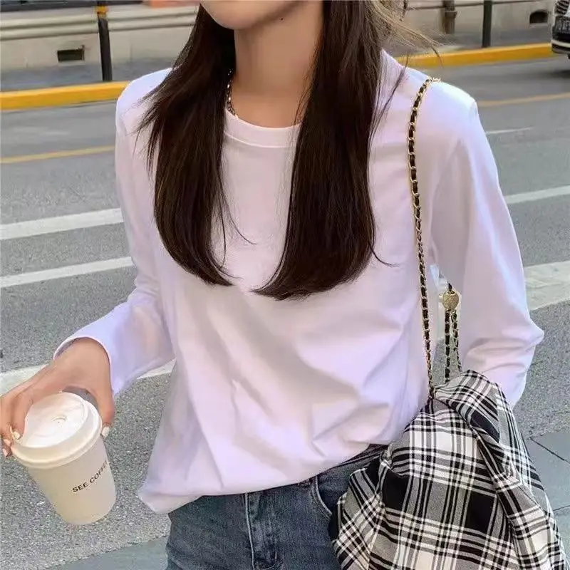 패션 가을 긴팔 티셔츠 기본 티 솔리드 컬러 오버사이즈 우아한 여가 여성 캐주얼 O넥 티셔츠 트렌드 스트리트웨어