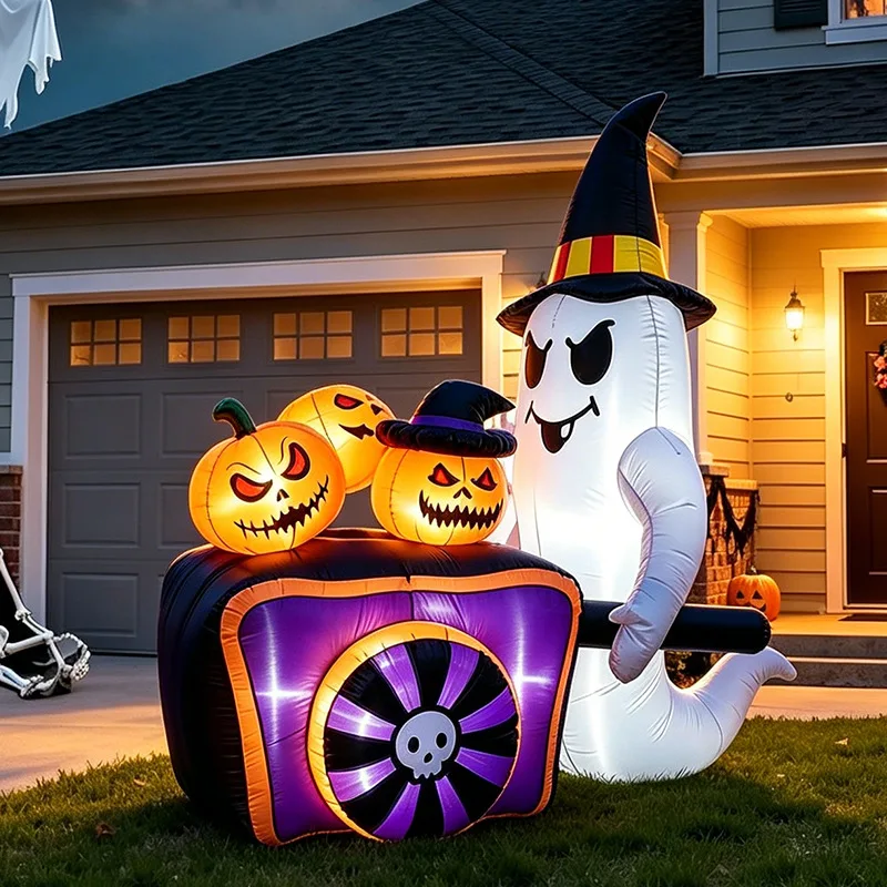 1.5M Halloween Inflatable Ghost Push Pumpkin Cart LED Luminous Air Model Outdoor Garden Festival Party Ornament