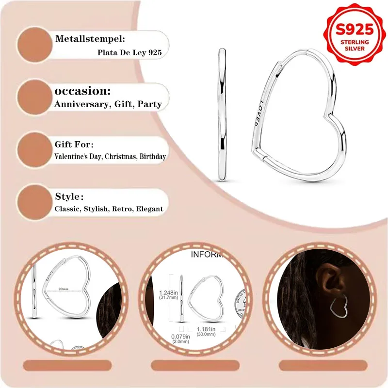 

Plata De Ley 925 Silver Heart-Shaped Earring Pendant Elegant and Noble Woman Exquisite DIY Jewelry Accessory Gift Hypoallergenic