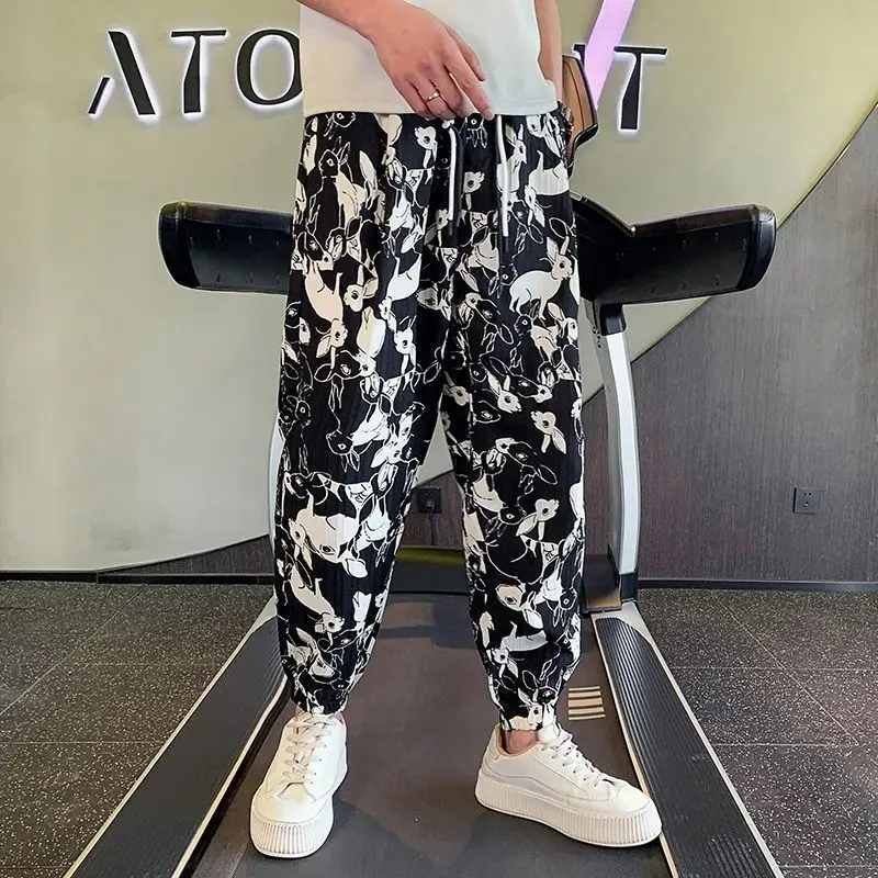 Летние тонкие мужские укороченные брюки из ледяного шелка с принтом, свободные мужские повседневные шаровары, большой размер, дизайнерская оригинальная одежда, дешевые брюки