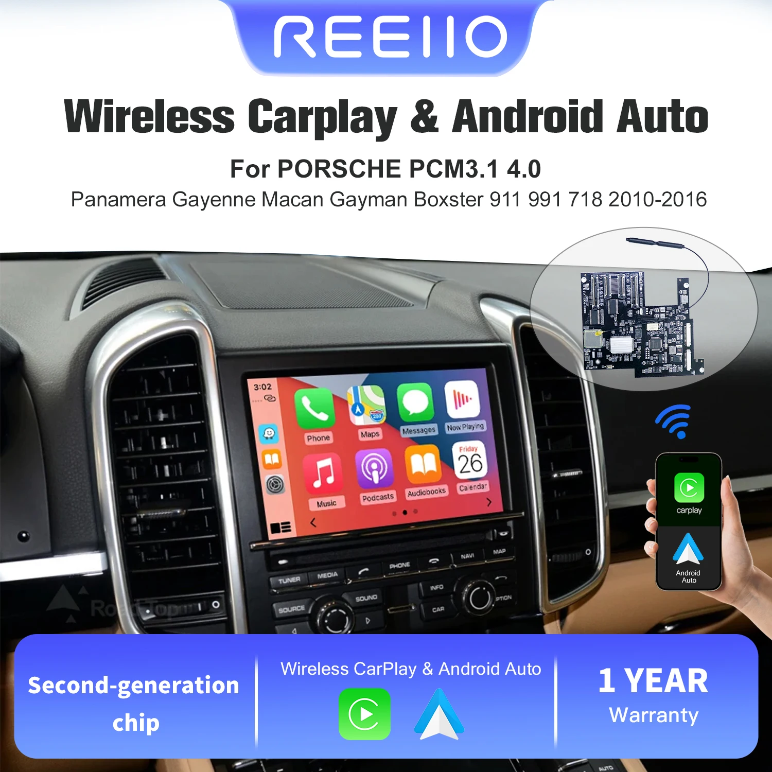 REEIIO Wireless Carplay Android Auto Module for Porsche Panamera Cayenne Macan Cayman Boxster 911 718 Support Reverse Camera