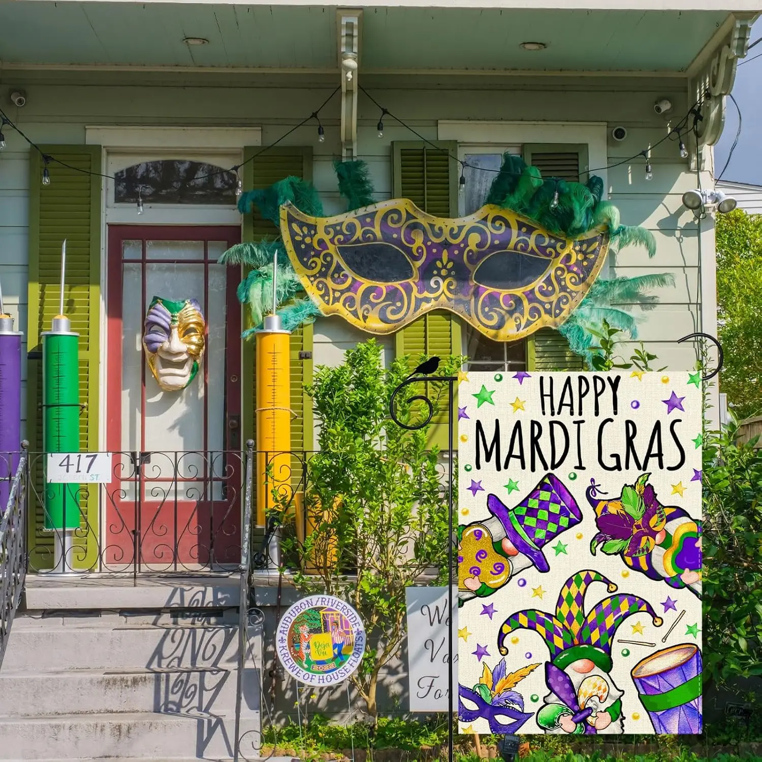 Happy Mardi Gras Gnomes Masks Hats Garden Flag 12x18 Inch Double Carnival Sided Small Mini Yard Flag Outdoor Outside Holiday hhz
