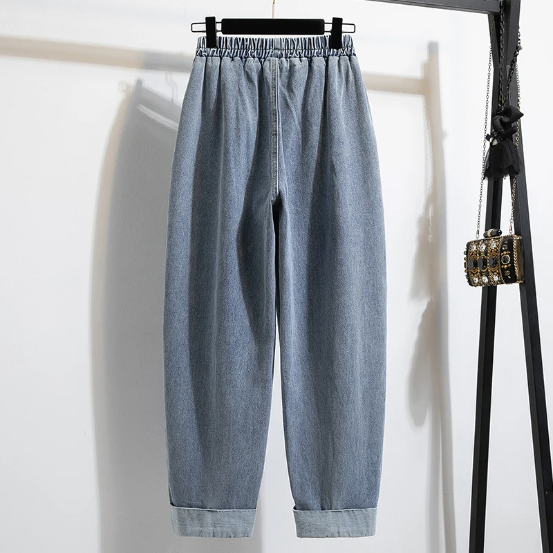 Grande taille jean pour femmes 2025 automne nouveauté haute taille élastique sarouel Denim pantalon Style coréen mode bleu jean femme