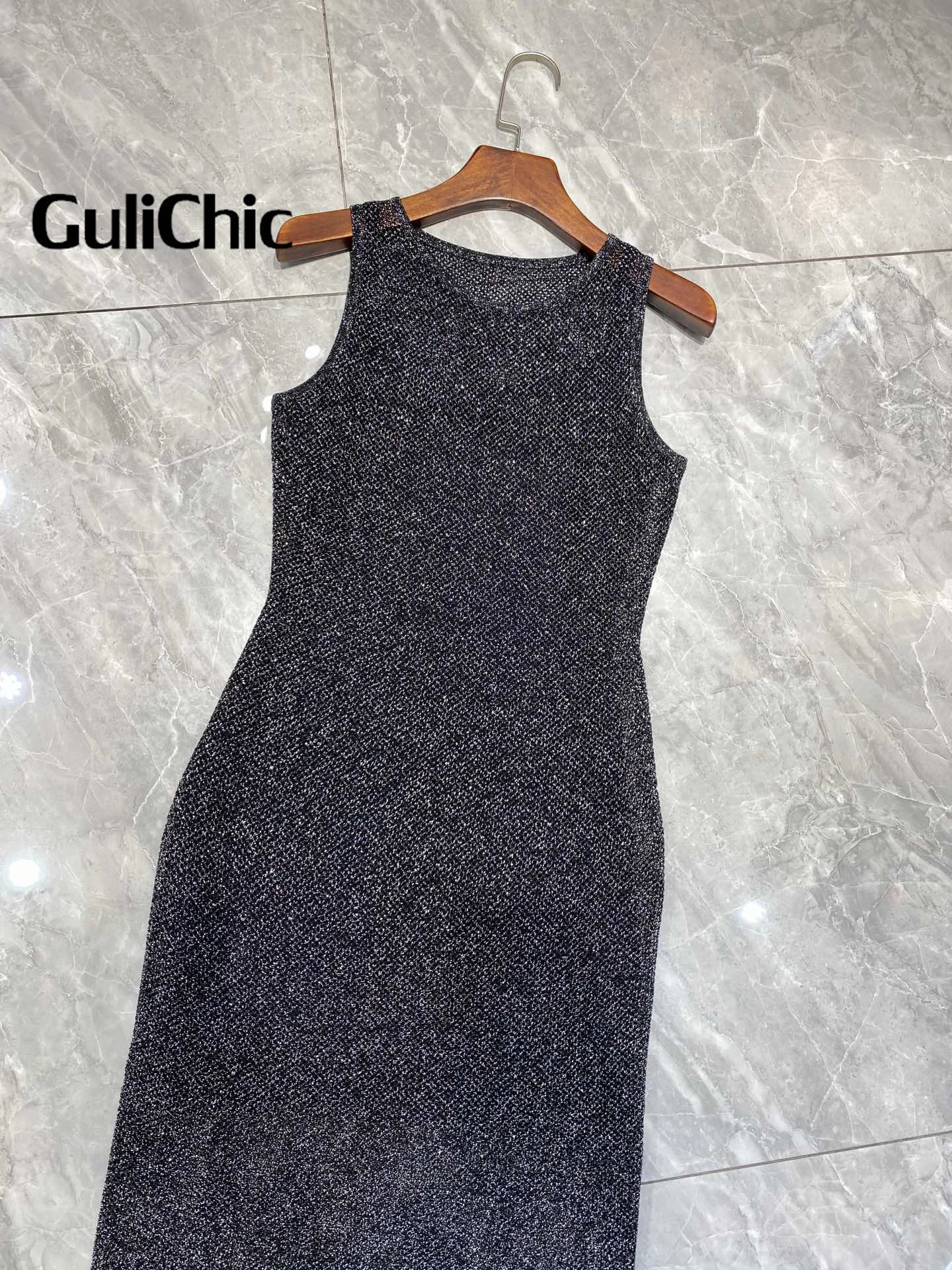 8.25 GuliChic Women Temperament Round Neck Sleeveless Kintted Hollow Out Bright Silk Slim Dress With Strap Lining