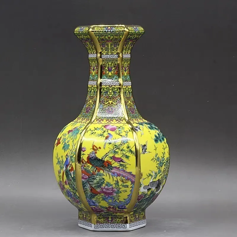 Qing Qianlong Enamel Colorful Flower and Bird Hexagonal Yellow Appreciation Vase Antique Porcelain Ornament
