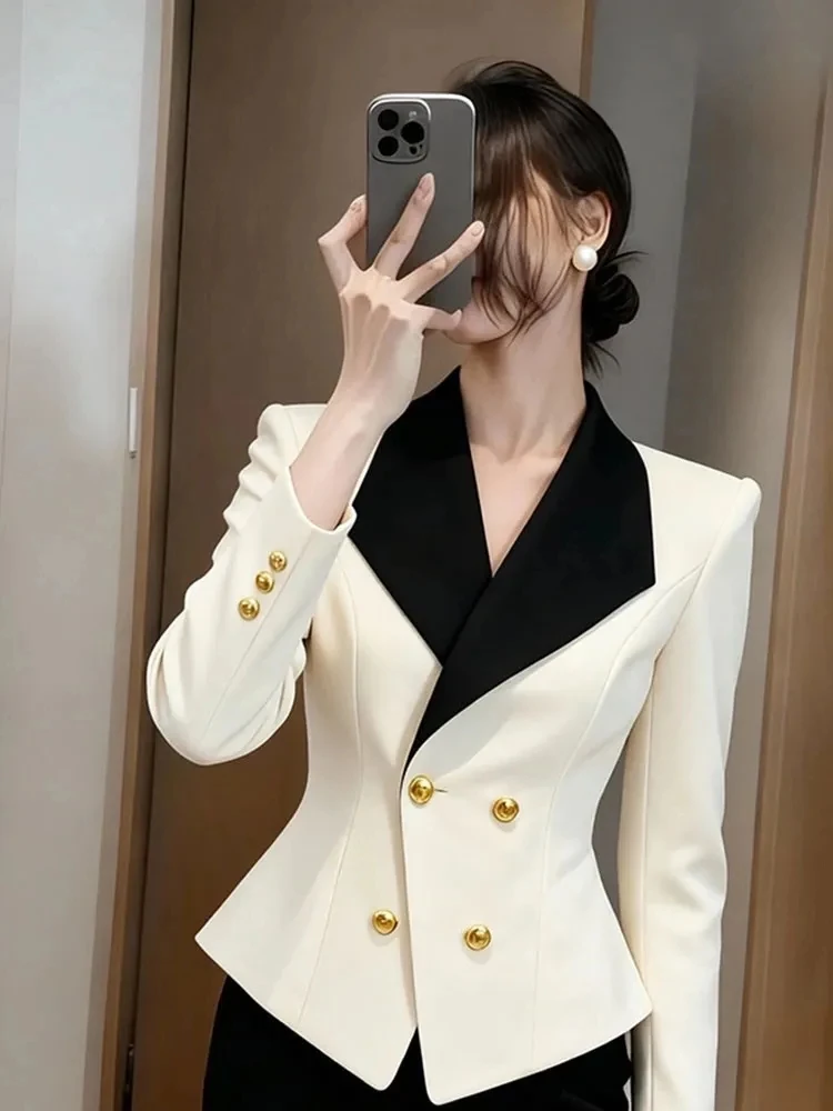 秋春 2026 新しいシックなカジュアルプロフェッショナルブレザー女性のアウターファッションスリムブラックホワイトステッチスリムスーツトップス