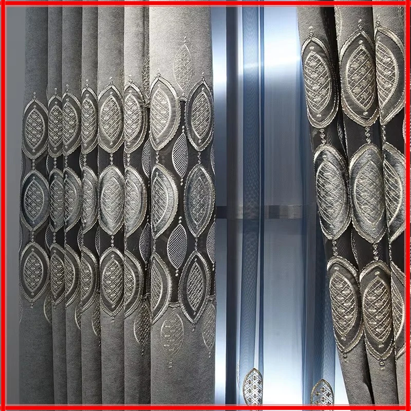 

Curtains for Living Room Bedroom Light Luxury High-end Atmosphere Hollow Embroidery Gray Simple Modern European Gauze Shading