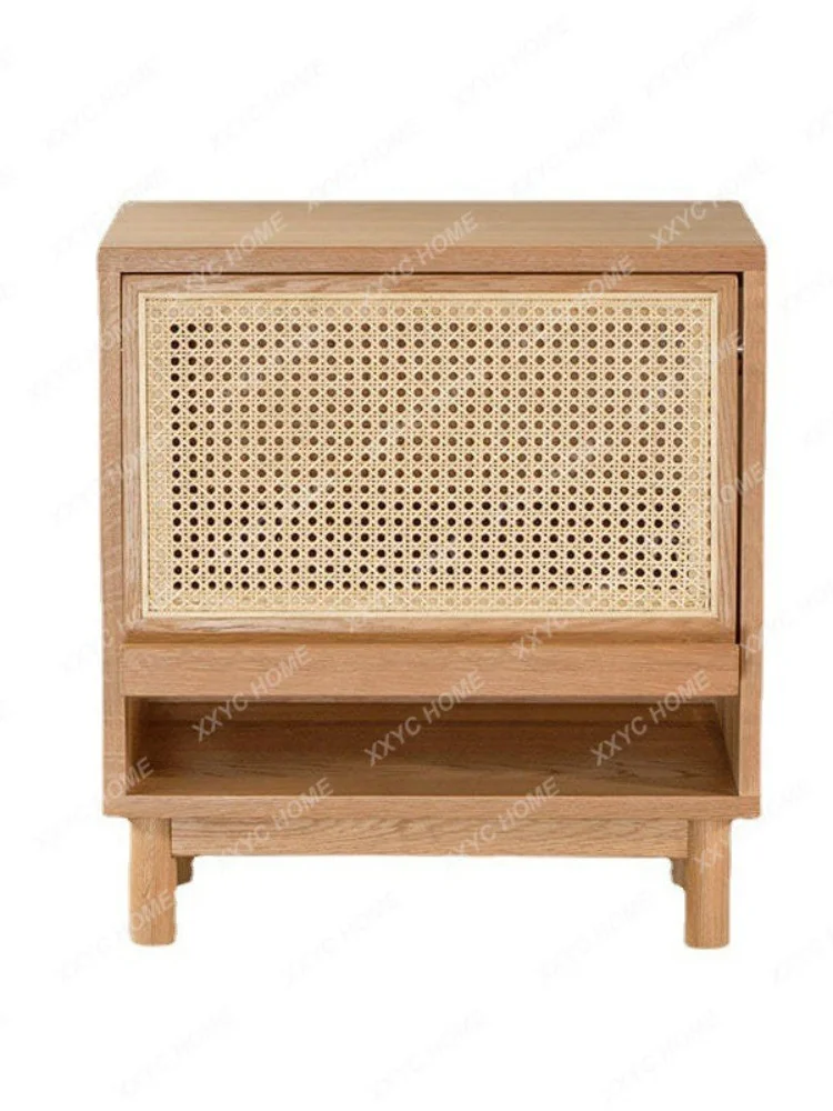 

Solid Wood Bedside Cabinet Small Apartment Bedroom Rattan Side Cabinet Locker Red Oak Chest of Drawers Magazine Bookcase