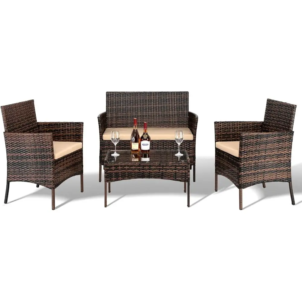 

4-Piece Outdoor Patio Furniture Set with Rattan Loveseat, Seat Cushions, and Glass Table for Garden, Backyard, Balcony, or Pools