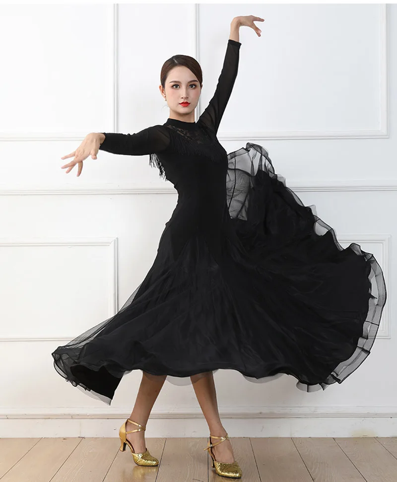 Standard Ballroom Dance Dresses Adult Advanced Black High Neck Modern Dancing Skirt Women Waltz Ballroom Competition Dance Dress