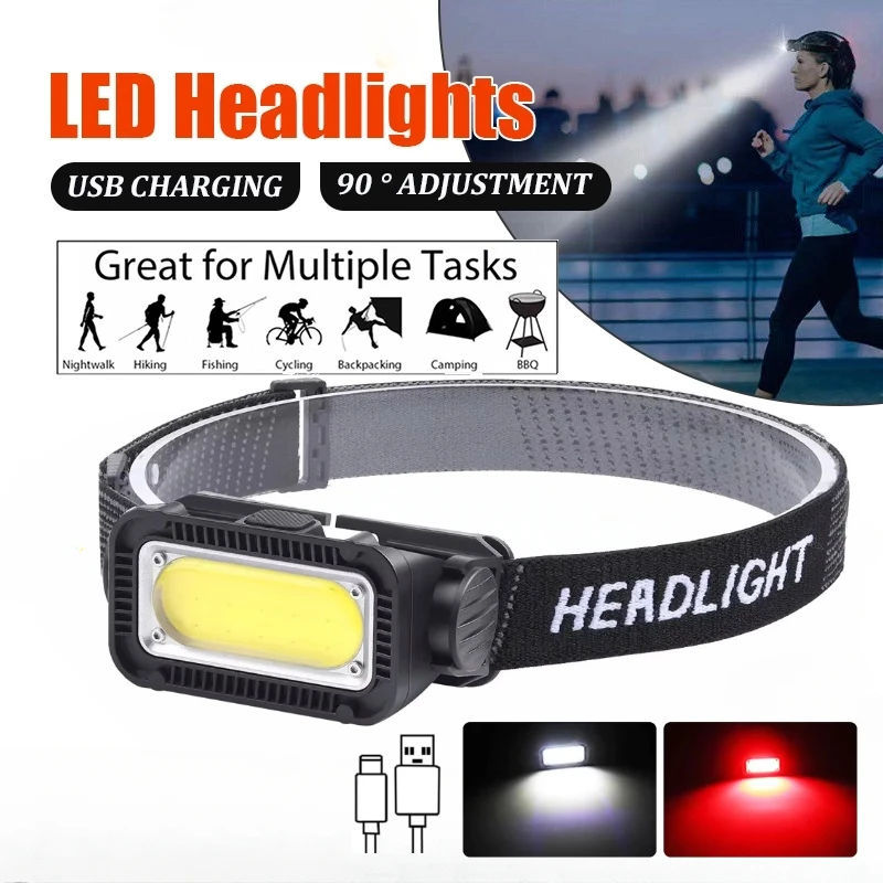 

USB Rechargeable Headlamp Portable LED Headlight Built-in Battery Waterproof Head Flashlight Hiking Camping Head Front Torch