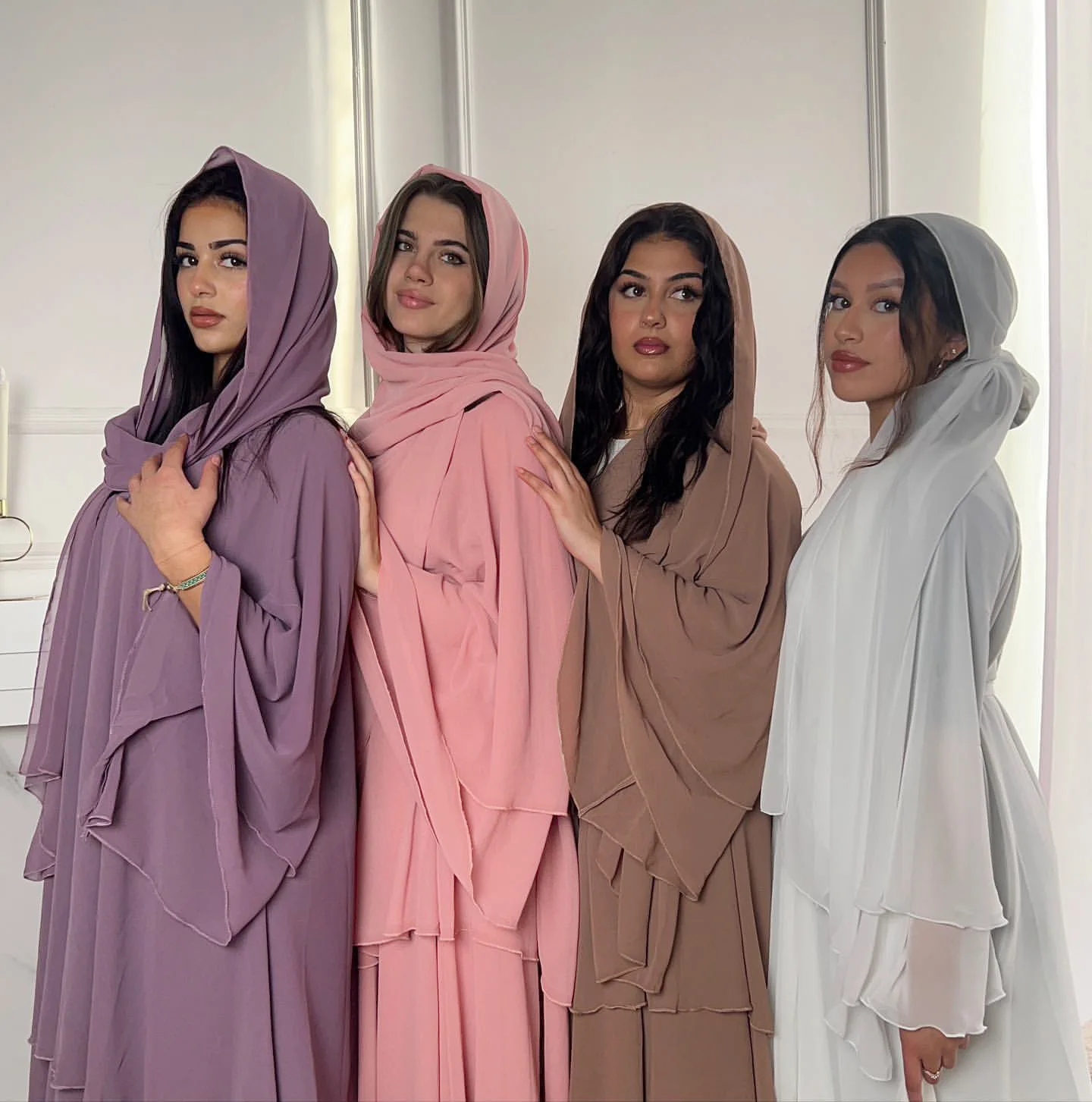 Abaya with Hijab Set 3 Layers Chiffon Flare Sleeves Muslim Women Clothing Dubai Kimono Abaya Evening Party Ramada Eid Dress 2024