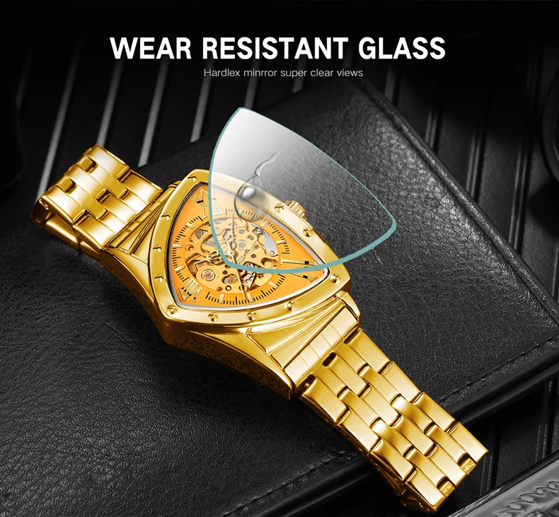 Forsining Military Triangle Skeleton Automatic Watch for Men Gold Sports Mechanical Watches Luxury Stainless Steel Strap Luminou