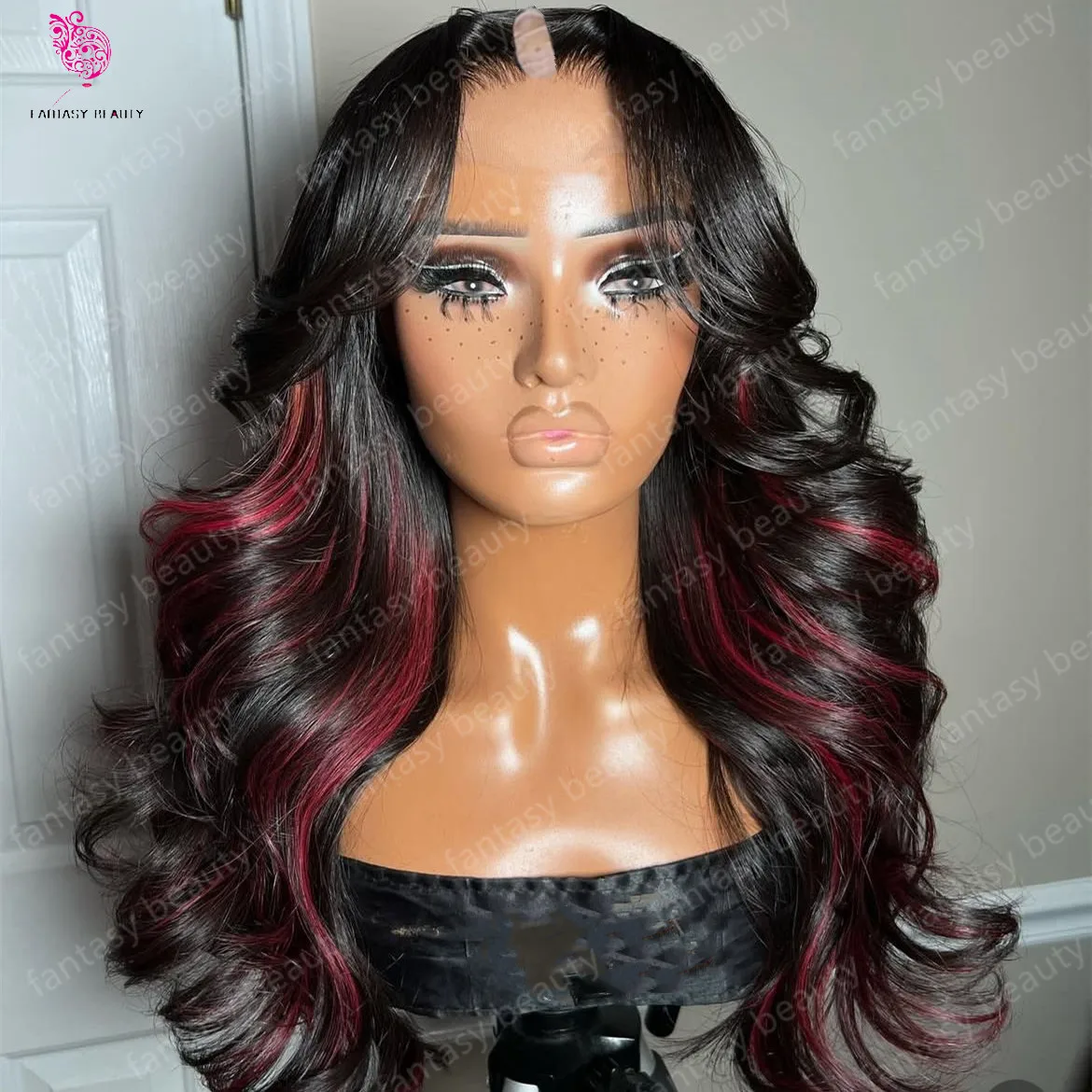 

Highlight Burgundy Red 99J V Part Wigs Body Wave Unprocessed 100% Human Hair Black U Shape Wig Loose Wave Full End 1×4 Open Lace