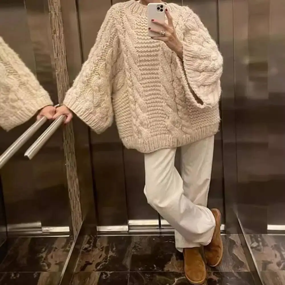 

2025 Spring Autumn Women Sweater Long Loose Round Neck Flared Sleeve Knitted Sweater Women's Loose And Versatile Top