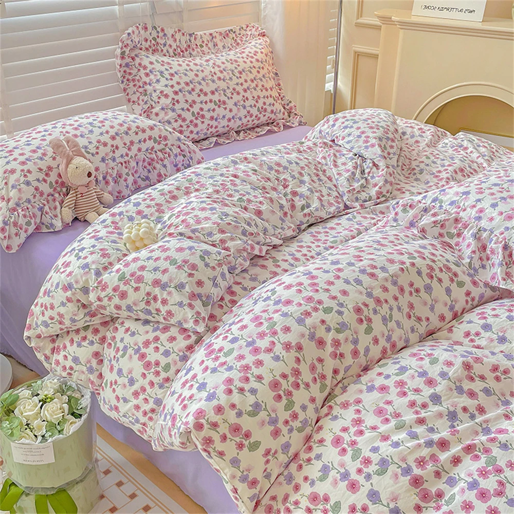 Plant and Flower Home Textiles Spring Comforter Purple Floral Pillowcase Four-piece Bed Set Kids Adults Washed Cotton Bed Sheet