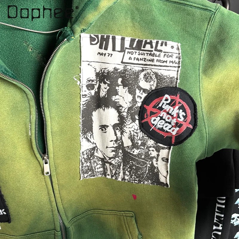 American Hot Girl Rock Print Mid-length Hoodies Women Punk Style Subculture Splicing Hoodie High End Street Trend Zip Up Hoodie