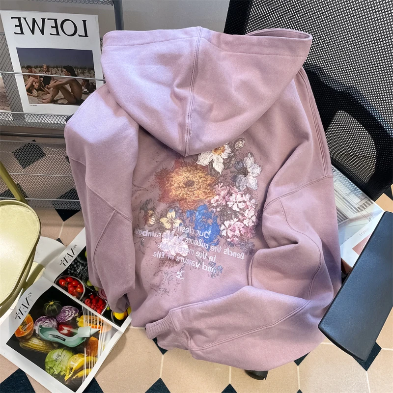

American Retro Floral Printing Trend Hoodies Letter Embroidery Loose Hooded Sweatshirts Autumn Casual Oversized Pullovers