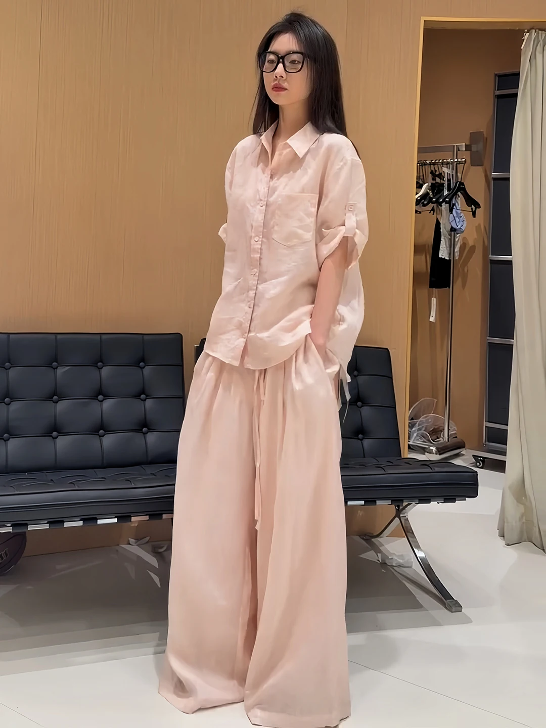 

High-End Linen Cotton Shirt Set Women's Summer New Pink Sun Protection Two-Piece Suit Casual Style Loose Fit Long Sleeve Butt...