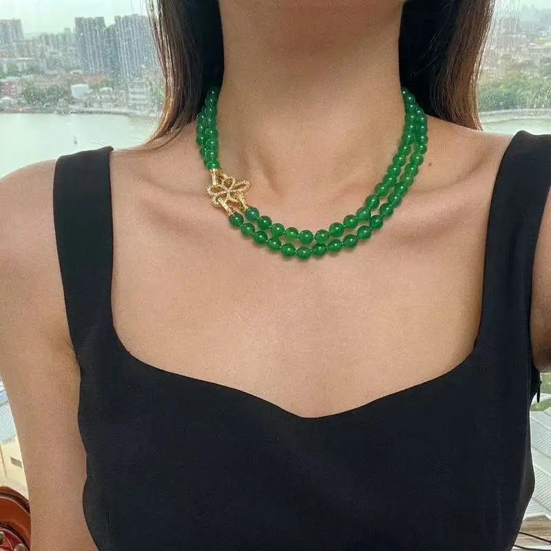 High-quality lustrous glass-like natural green chalcedony necklace with a double-layer design and detachable elements offering